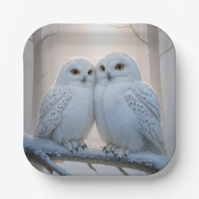 Plato De Papel Snowy Owls On a Winter Branch (Anverso)