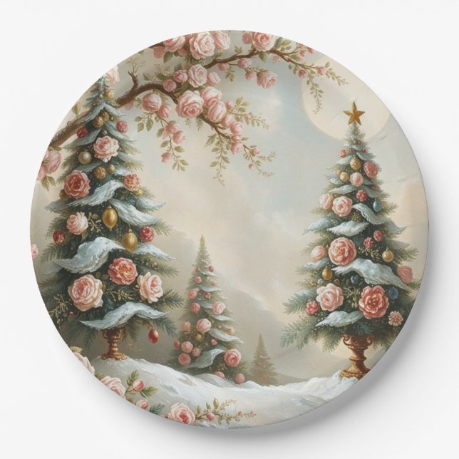 Plato De Papel Snowy Scene with Christmas Trees and Pink Roses (Anverso)