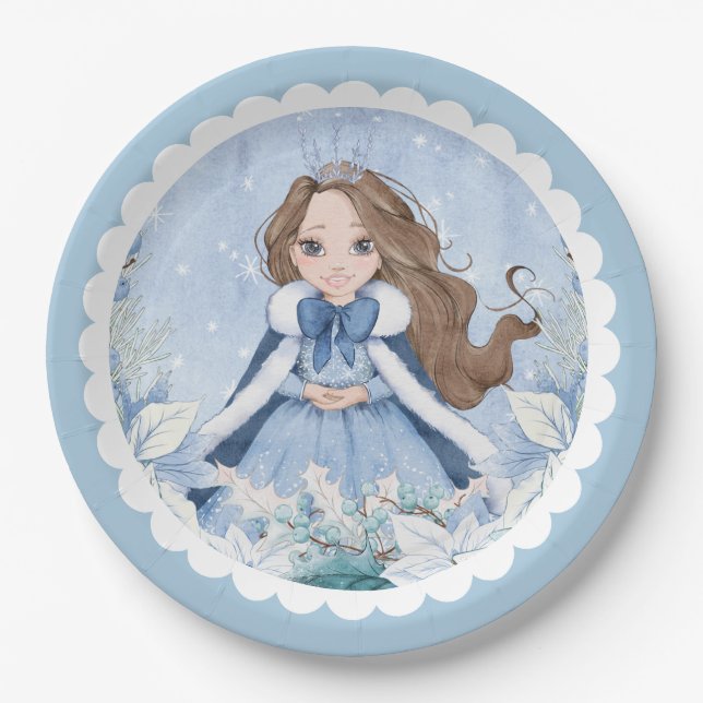 Plato De Papel Snowy Winter Brunette Princess Birthday (Anverso)