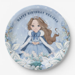 Plato De Papel Snowy Winter Brunette Princess Birthday
