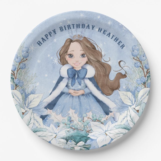 Plato De Papel Snowy Winter Brunette Princess Birthday (Anverso)