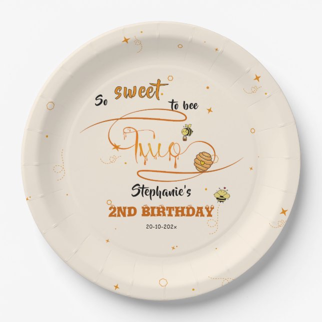 Plato De Papel So Sweet To Bee Two Cute Honey Bee 2nd Birthday (Anverso)