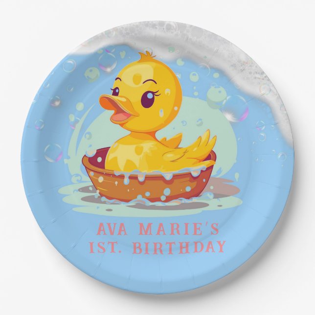 Plato De Papel Soapy Yellow Rubber Duck Chica primer Fiesta de cu (Anverso)