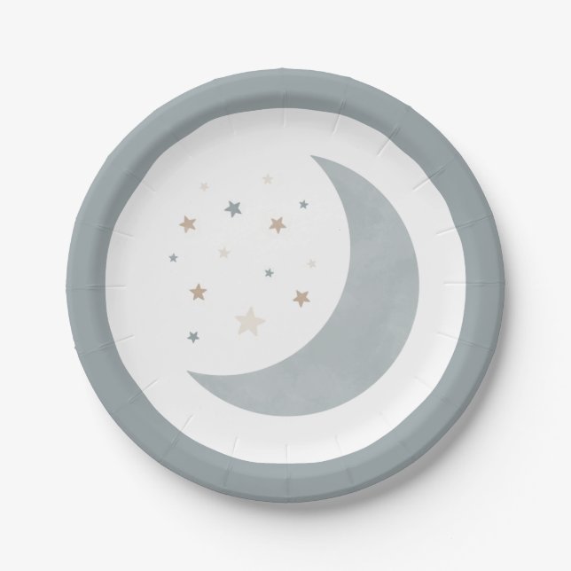 Plato De Papel Sobre el Baby Shower de Moon Blue Boy (Anverso)