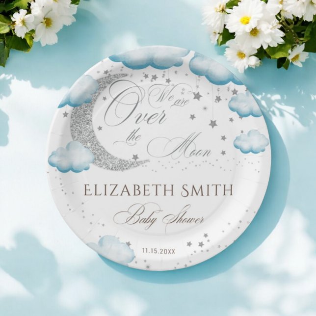 Plato De Papel Sobre el Baby Shower de Moon Silver Blue Boy (Subido por el creador)