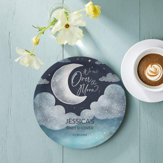 Plato De Papel Sobre la galaxia lunar ducha de bebé monogramada (Over the moon galaxy baby shower monogrammed paper plates personalized table decor)