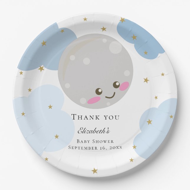 Plato De Papel Sobre la luna Baby Shower Blue Cute Gold Kawaii (Anverso)