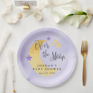 Plato De Papel Sobre la luna, Baby Shower morado personalizado