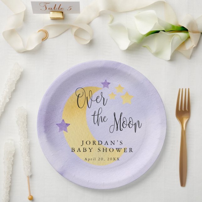 Plato De Papel Sobre la luna, Baby Shower morado personalizado (Boda)