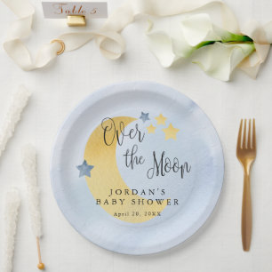 Plato De Papel Sobre la luna, Baby Shower personalizado azul