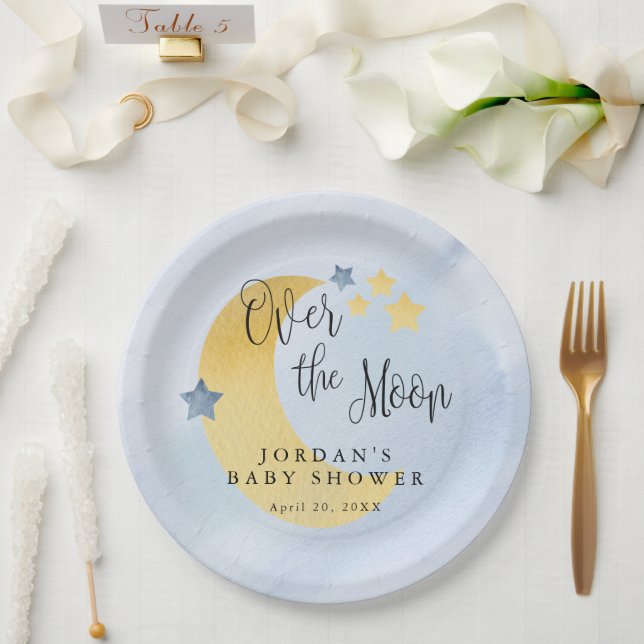 Plato De Papel Sobre la luna, Baby Shower personalizado azul (Boda)