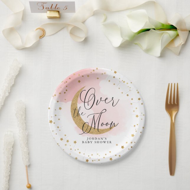 Plato De Papel Sobre la luna, Baby Shower rosa Purpurina dorado (Boda)