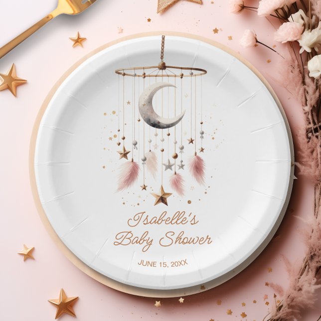 Plato De Papel Sobre la luna Boho Celestial Chica Baby Shower (Over the Moon Boho Celestial Girl Baby Shower Paper Plates)