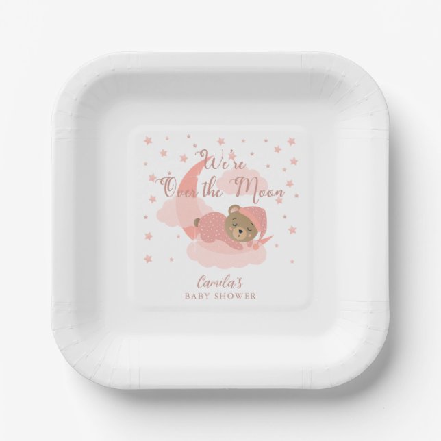 Plato De Papel Sobre la luna Chica del oso durmiente Baby Shower (Anverso)