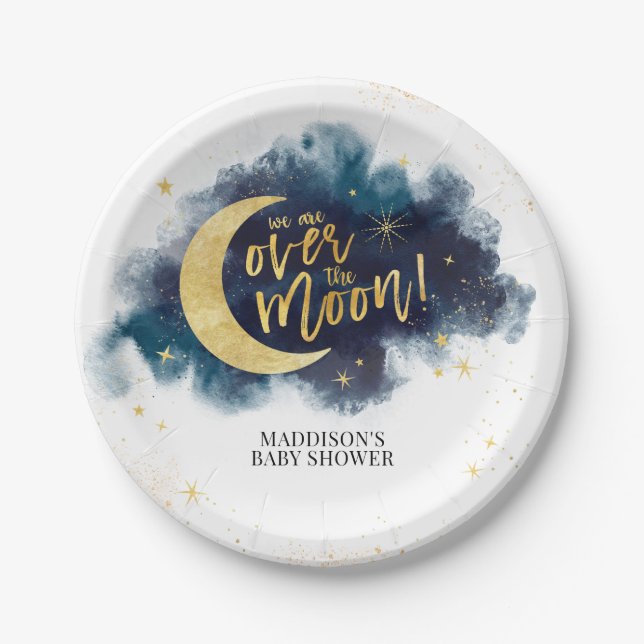 Plato De Papel Sobre la luna de oro estrellas azul Baby Shower (Anverso)