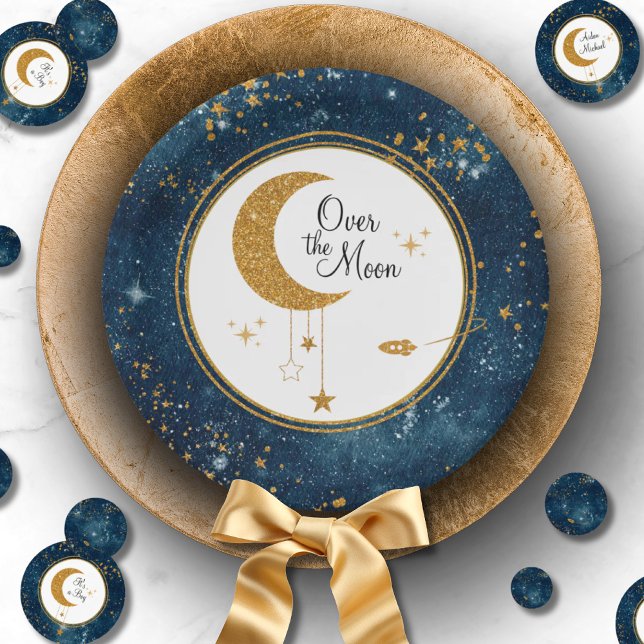 Plato De Papel Sobre la Luna El Purpurinoso Estrellas Baby Shower (Over The Moon Glittery Stars Baby Shower Paper Plates)