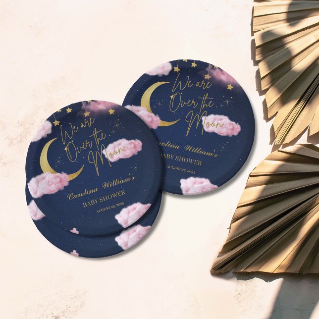 Plato De Papel Sobre la luna estrellas ducha bebé rosa (Subido por el creador)