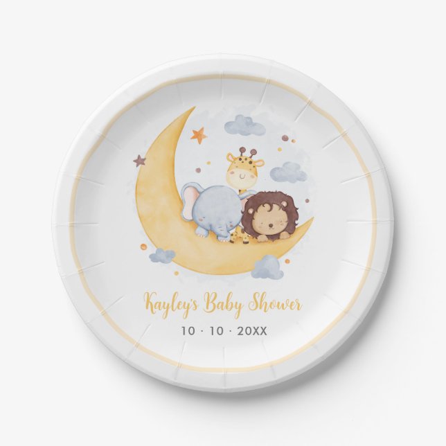 Plato De Papel Sobre la Luna Las Placas De Papel Baby Shower Cute (Anverso)