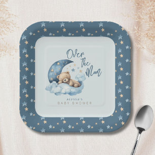 Plato De Papel Sobre la luna oso Teddy Blue Baby Shower