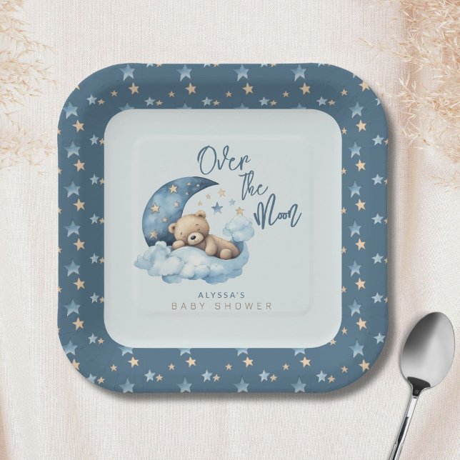 Plato De Papel Sobre la luna oso Teddy Blue Baby Shower (Subido por el creador)