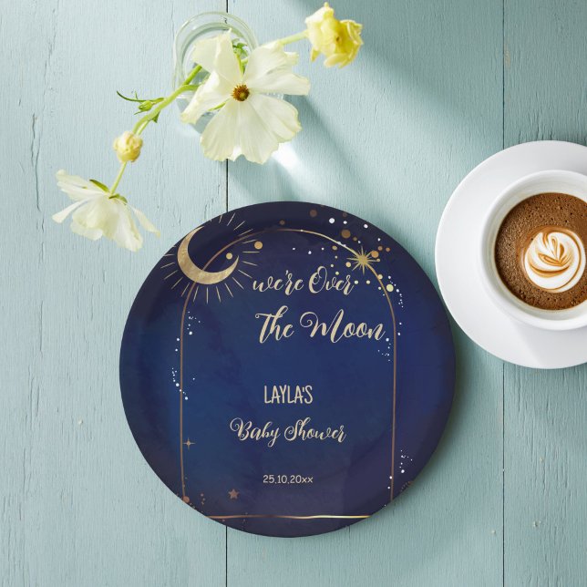 Plato De Papel Sobre la luna se imprimió Baby Shower celestial (Over the Moon celestial Baby Shower monogrammed printed Paper Plates personalized table decor)