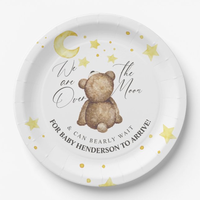 Plato De Papel Sobre la luna Teddy Bear Baby Shower (Anverso)