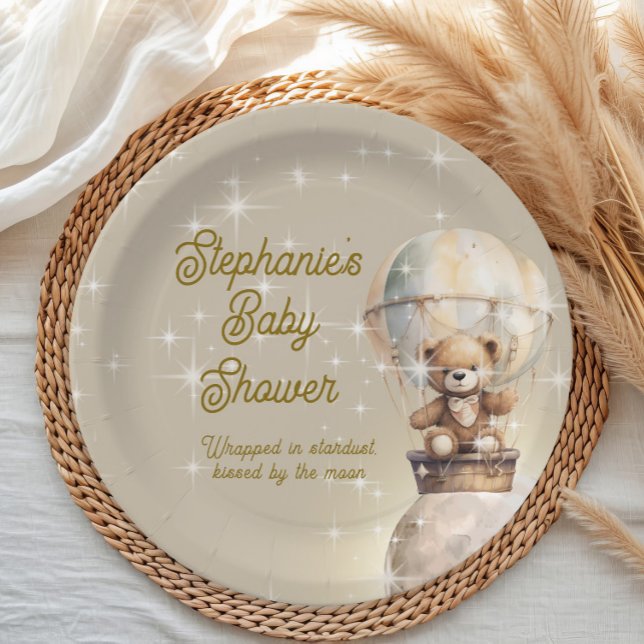 Plato De Papel Sobre la luna Teddy Oso Género Baby Shower Neutral (Over the Moon teddy bear and hot air balloon baby shower paper plate)