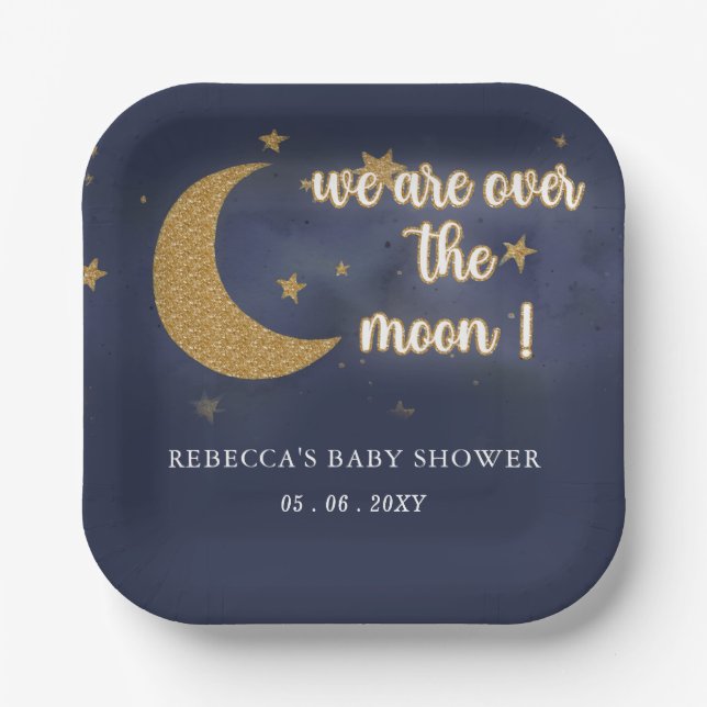 Plato De Papel Sobre la Luna Un Baby Shower Neutral De Género (Anverso)