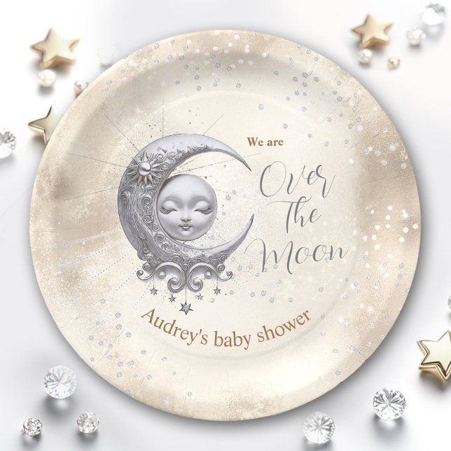 Plato De Papel Sobre la Luna Un Baby Shower Neutral De Género (Over The Moon Gender Neutral Baby Shower Paper Plates)