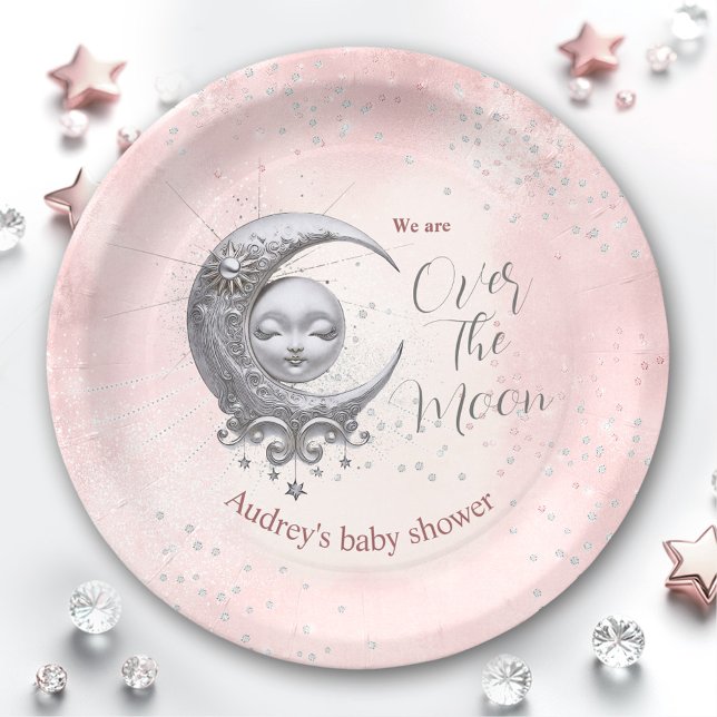 Plato De Papel Sobre las placas de papel Baby Shower del Chica ro (Over The Moon Pink Girl Baby Shower Paper Plates)