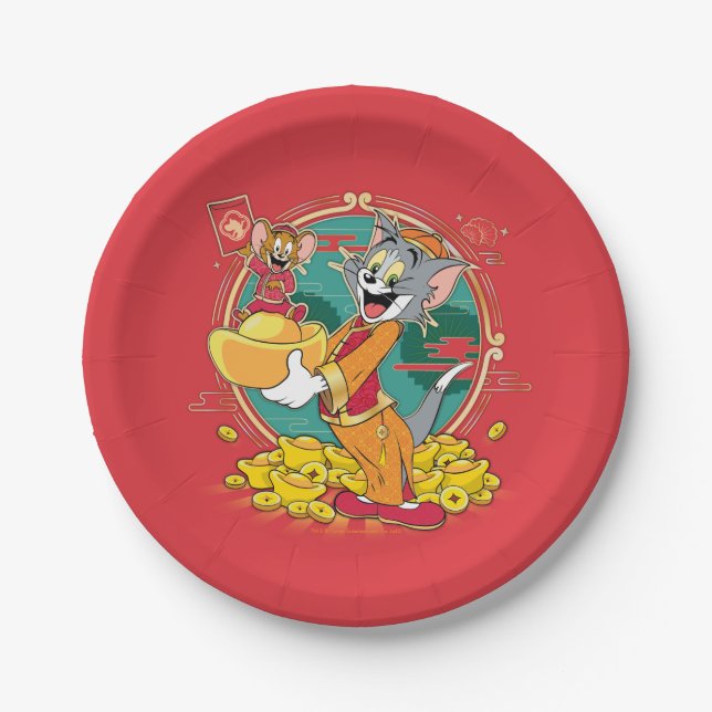 Plato De Papel Sobre rojo de Tom y Jerry New Years (Anverso)