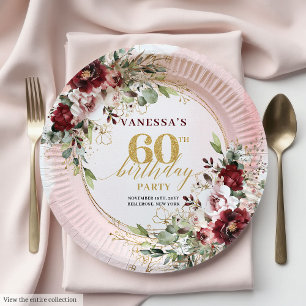 Plato De Papel Sofisticadas Rosas Boho Burgundy Doradas Cumpleaño