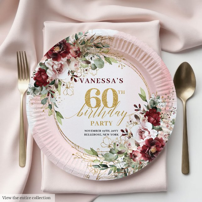 Plato De Papel Sofisticadas Rosas Boho Burgundy Doradas Cumpleaño (Sophisticated Boho Burgundy Gold Roses 60 Birthday Paper Plates)