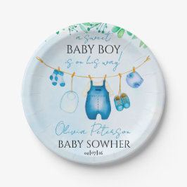 Plato De Papel Soft Blue Watercolor Baby Clothesline