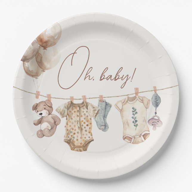 Plato De Papel Soft Boho Neutral Baby Clothes Baby Shower (Anverso)