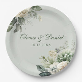 Plato De Papel Soft Sage Green Floral Paper Plate