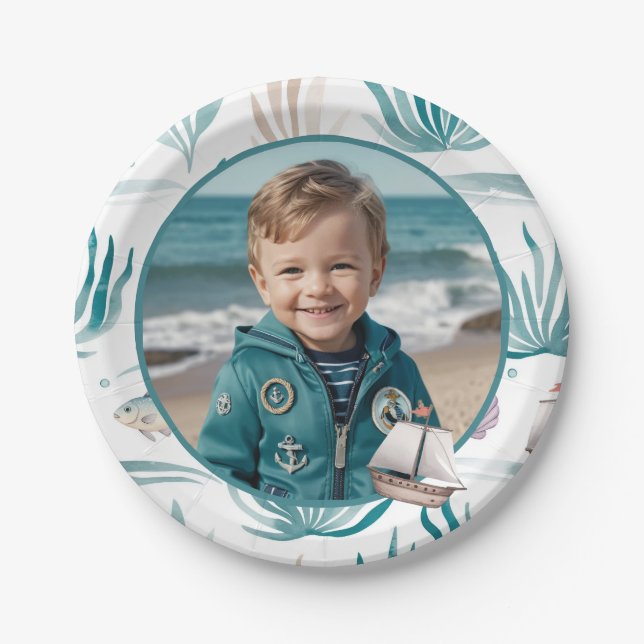 Plato De Papel Soft Watercolor Ocean Photo Kids Birthday (Anverso)