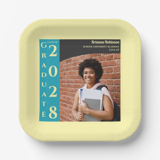 Plato De Papel Soft Yellow Photo Modern Graduation Cap Party (Anverso)