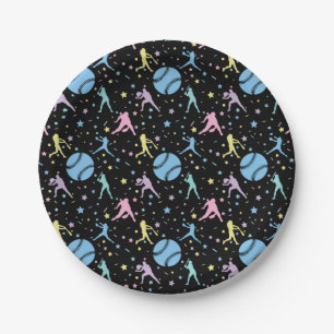 Plato De Papel Softbol Femenino - Mujeres Jugadoras con Estrellas