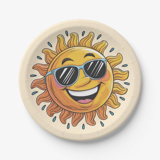 Plato De Papel Sol Amarillo Feliz con Gafas de Sol de Moda   (Anverso)
