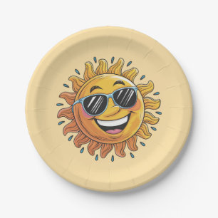Plato De Papel Sol Amarillo Feliz con Gafas de Sol de Moda