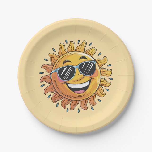 Plato De Papel Sol Amarillo Feliz con Gafas de Sol de Moda (Anverso)