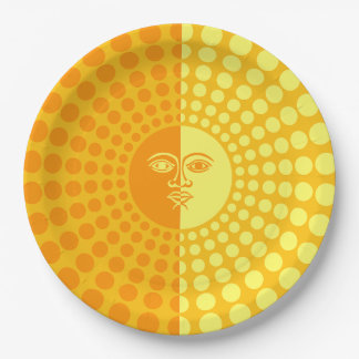 Plato De Papel Sol brillante amarillo y sol Naranja con cara