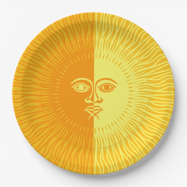 Plato De Papel Sol brillante amarillo y sol Naranja con cara (Anverso)