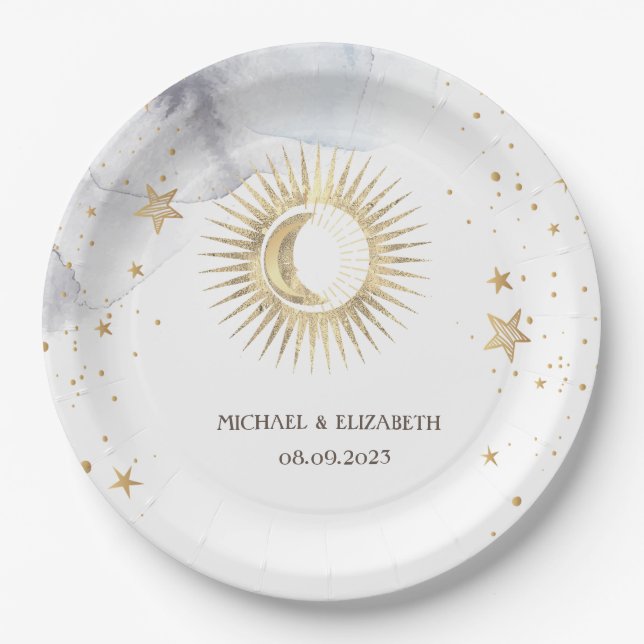Plato De Papel Sol celeste, luna, estrellas (Anverso)