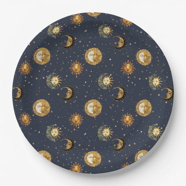 Plato De Papel Sol Celeste y Luna Patrón de Noche Estrellada Dora (Anverso)