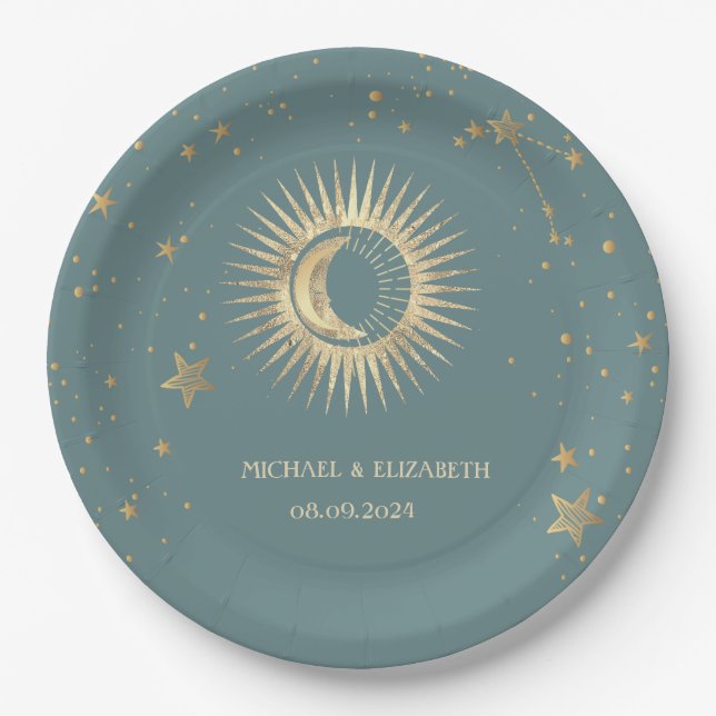 Plato De Papel Sol Celestial De Oro Y Estrellas De Luna Mint Verd (Anverso)