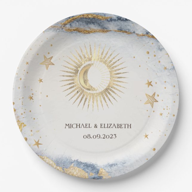 Plato De Papel Sol Celestial, Luna, Estrellas Acuarela (Anverso)