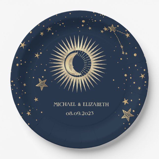 Plato De Papel Sol Dorado Celestial Y Luna Estrellas (Anverso)