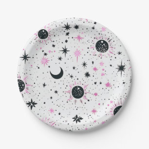 Plato De Papel Sol Luna Estrellas Celestiales Negro y Rosa